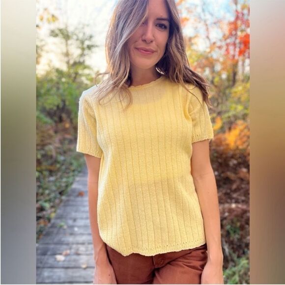 White Stag Womens Yellow Short Sleeve Crew Neck Ribbed Knit Sweater Top - Picture 3 of 6